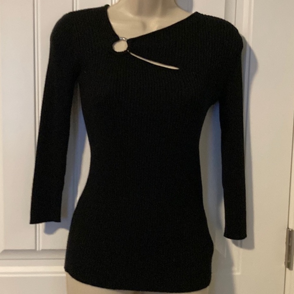 Per Se Black Crew Neck Sweater with Asymmetrical Detail